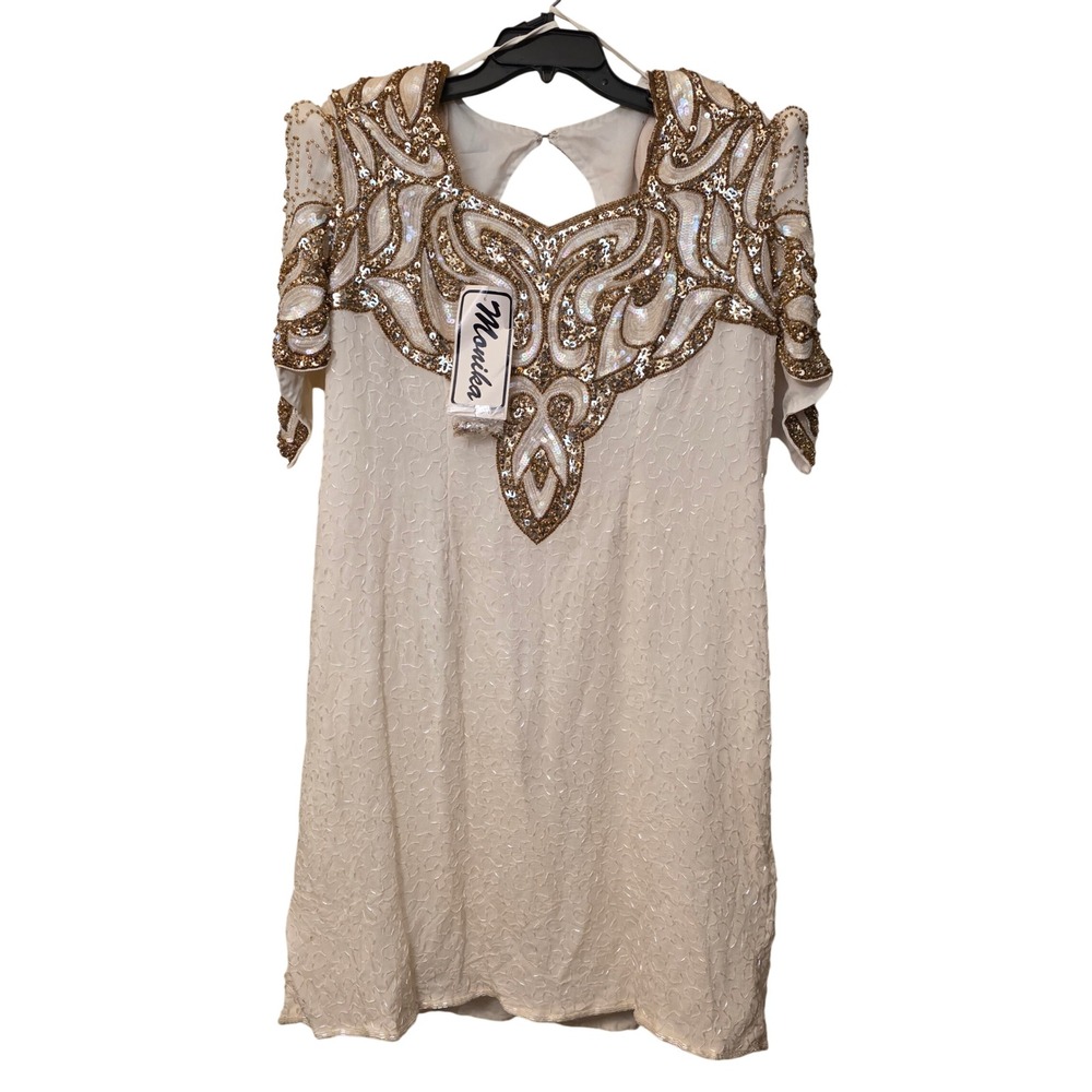 Monika Vintage Ivory Silk Beaded Sequin Shift Dress M-584 Gold Accents 3X